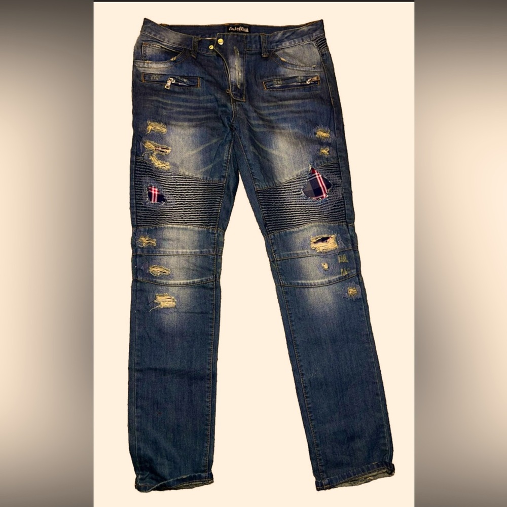 MEN  EMBELLISH Biker Denim Skinny Jeans